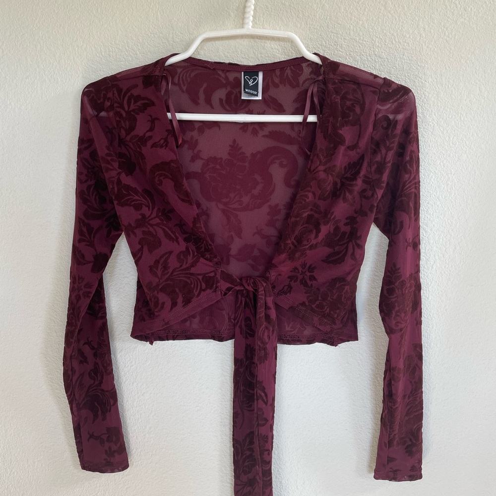 Burgundy Velvet Tie Front Top NWT
